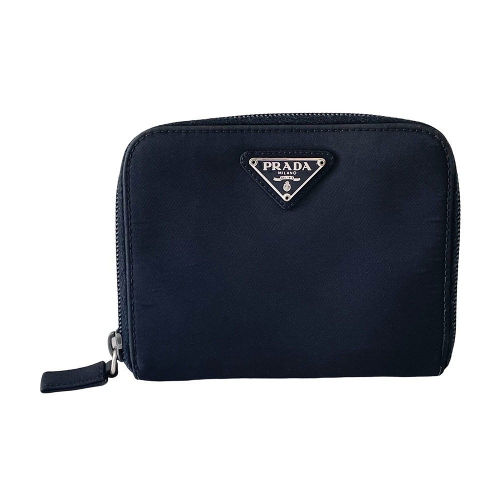 Prada black nylon triangle logo vintage medium compact zip wallet